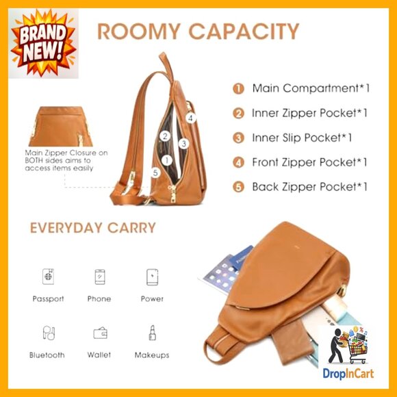 Top Grain Leather Sling Bag Crossbody Backpack RFID Blocking Travel Daypack